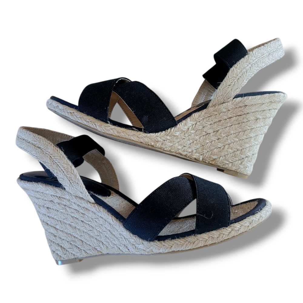 Apt. 9 Black and Tan Espadrille Wedge Cross Toe, Slingback Sandal. Size 10 - Picture 2 of 12